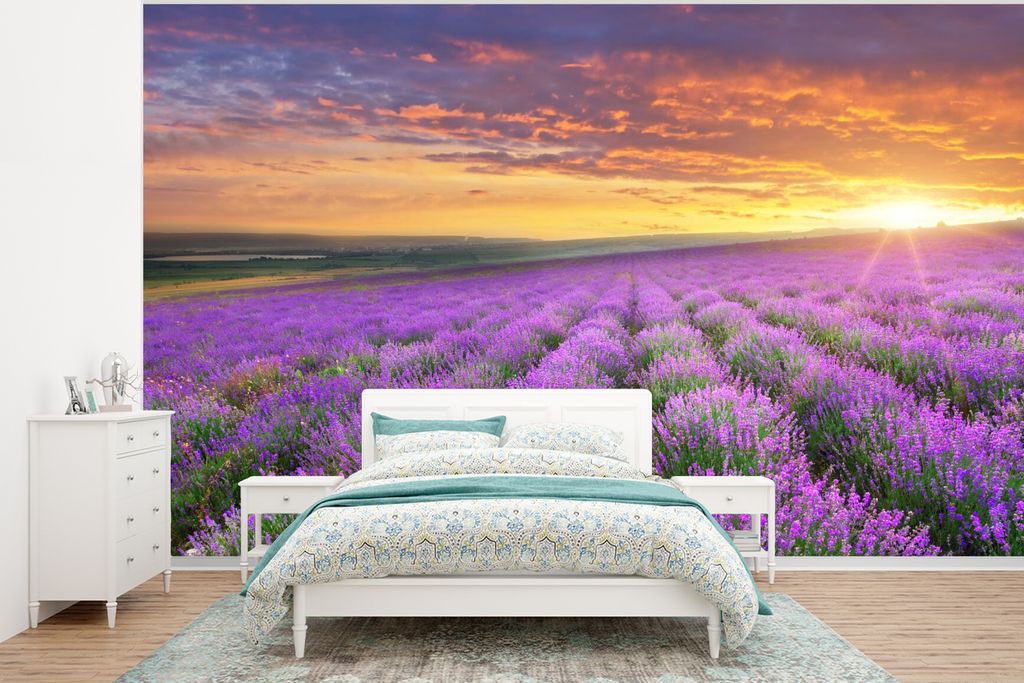 MuchoWow Fototapete für Wohnzimmer oder Schlafzimmer Wandtapete Vinyl Motivtapete Lavendel - Wolken - Frühling - 295x220 cm - Wand Tapete