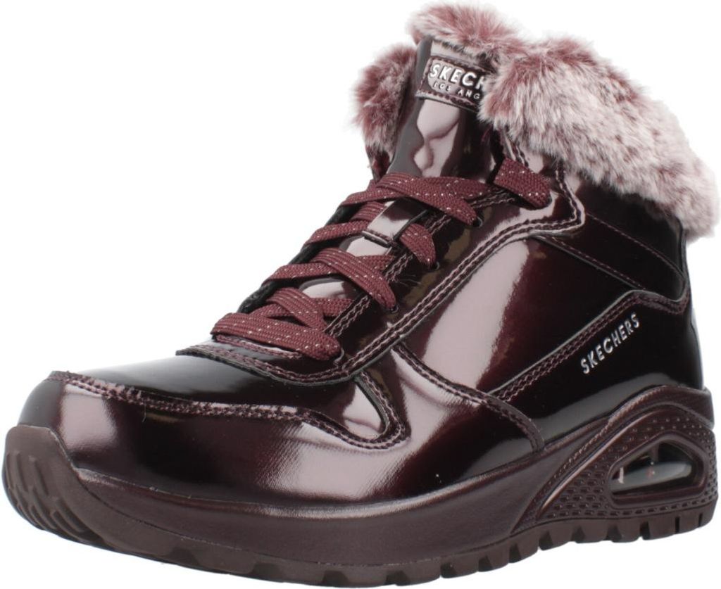 A single burgundy Skechers winter boot with faux fur trim is shown against a white background.