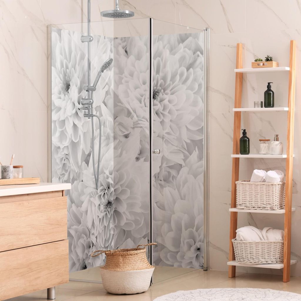 Duschrückwand Blumen selbstklebend - 0.61 mm Wandpaneel wasserfest Design weiss Landhaus Badrückwand fugenlos Premium matt 80x210 cm