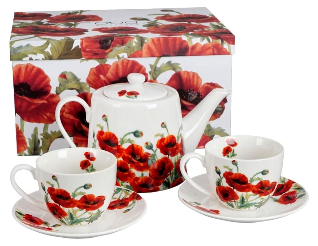 Teekannen-Set mit Edelstahl-Sieb und zwei Tassen mit Untertassen CLASSIC POPPIES New Bone China Porzellan