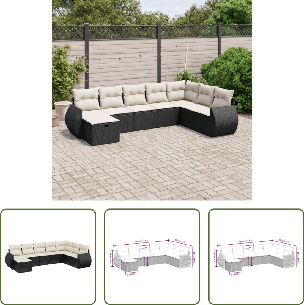 The Living Store 8-tlg. Garten-Sofagarnitur mit Kissen Schwarz Poly Rattan