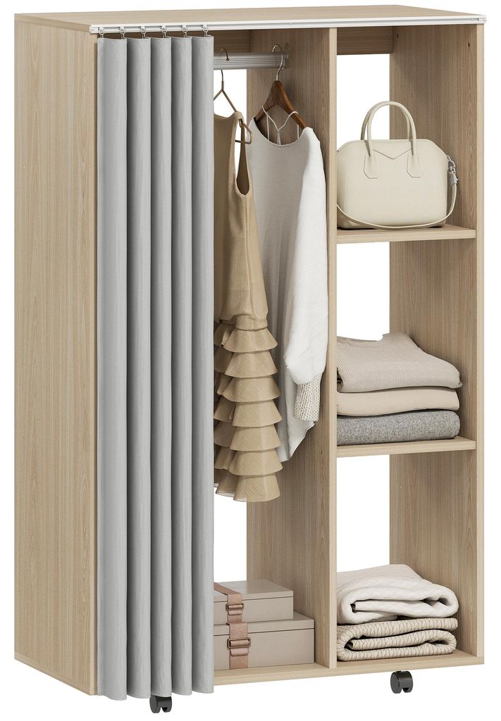Mobiler Garderobenschrank mit Vorhang und Kleiderstange, 80x40x128 cm, Naturholz-Optik - 3 offene Fächer - 4 Lenkrollen - melaminbeschichtet
