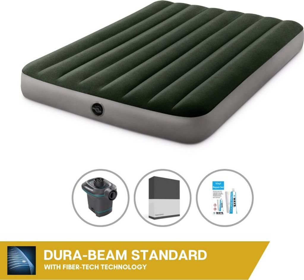 Intex Luftbett - 2 Personen - 137 x 191 x 25 cm - Grün + Intex Elektropumpe - 650 Liter/Min + Spannbettlaken Schwarz + Reperaturset