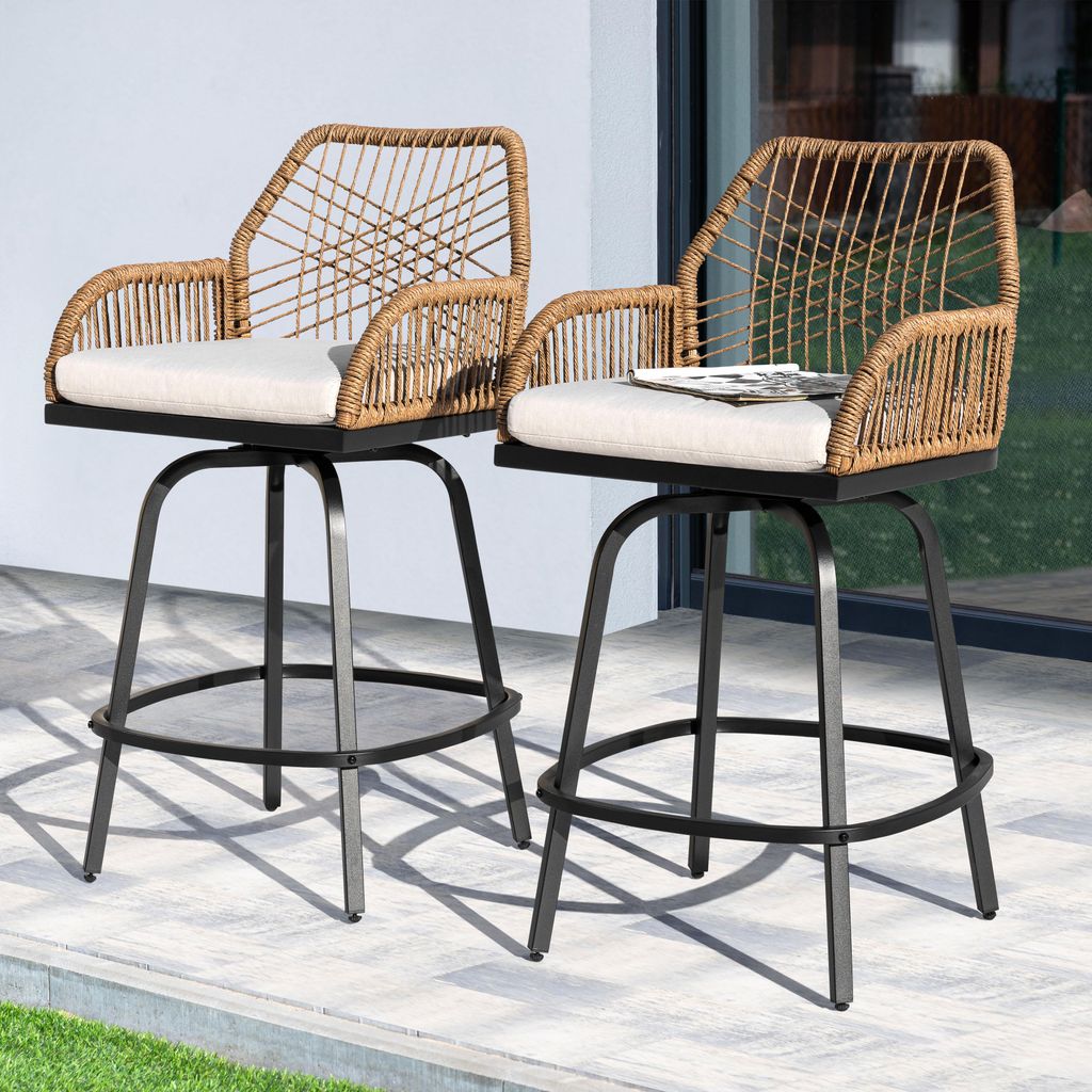 Drehbare Barhocker 2er Set aus Rattan und Metall mit grauen Produktbild 