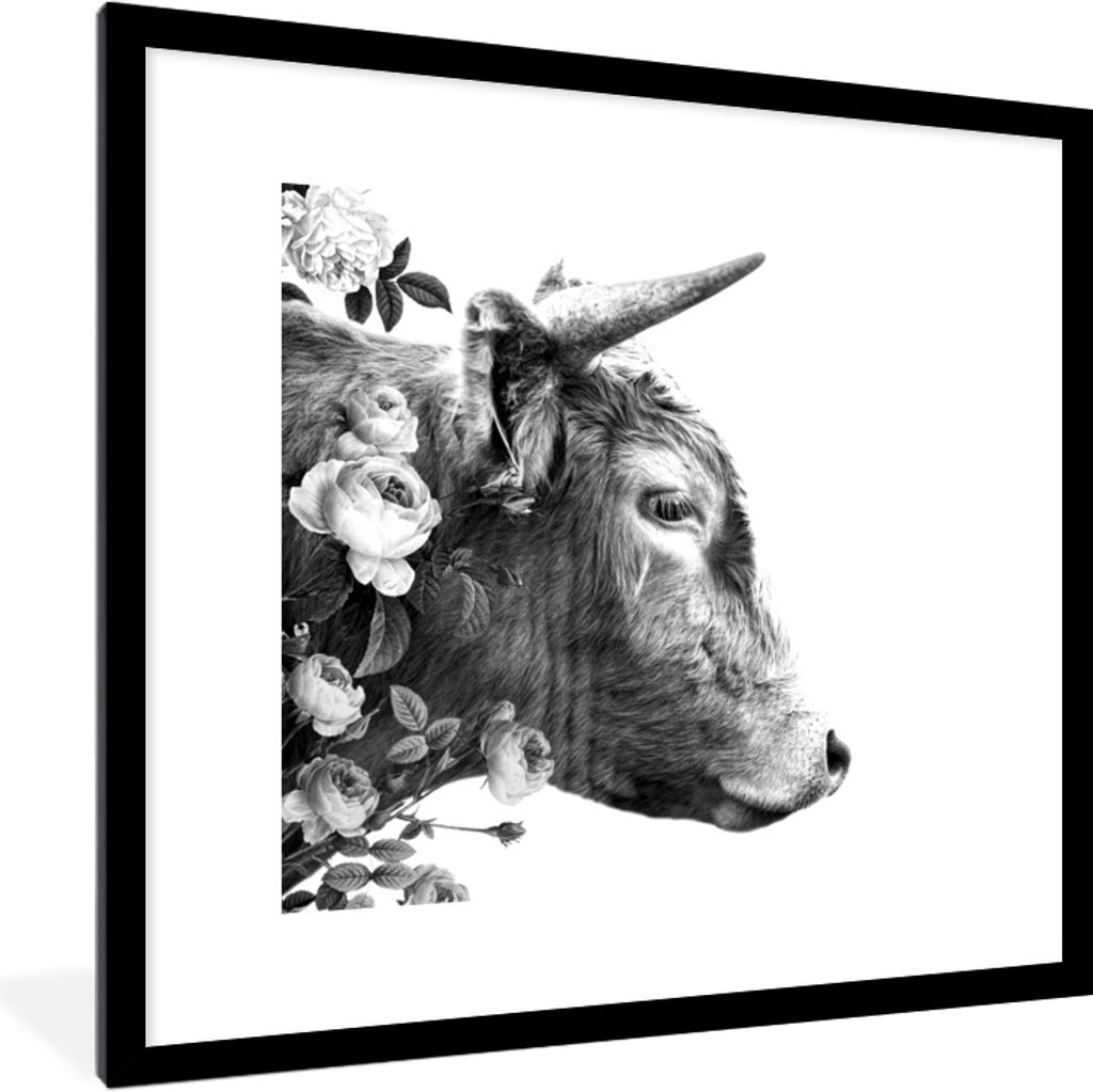 MuchoWow Gerahmtes Poster Schottischer Highlander - Blumen - Schwarz - Weiß 40x40 cm - Poster mit Schwarzem Bilderrahmen Wandposter Rahmen Foto ...