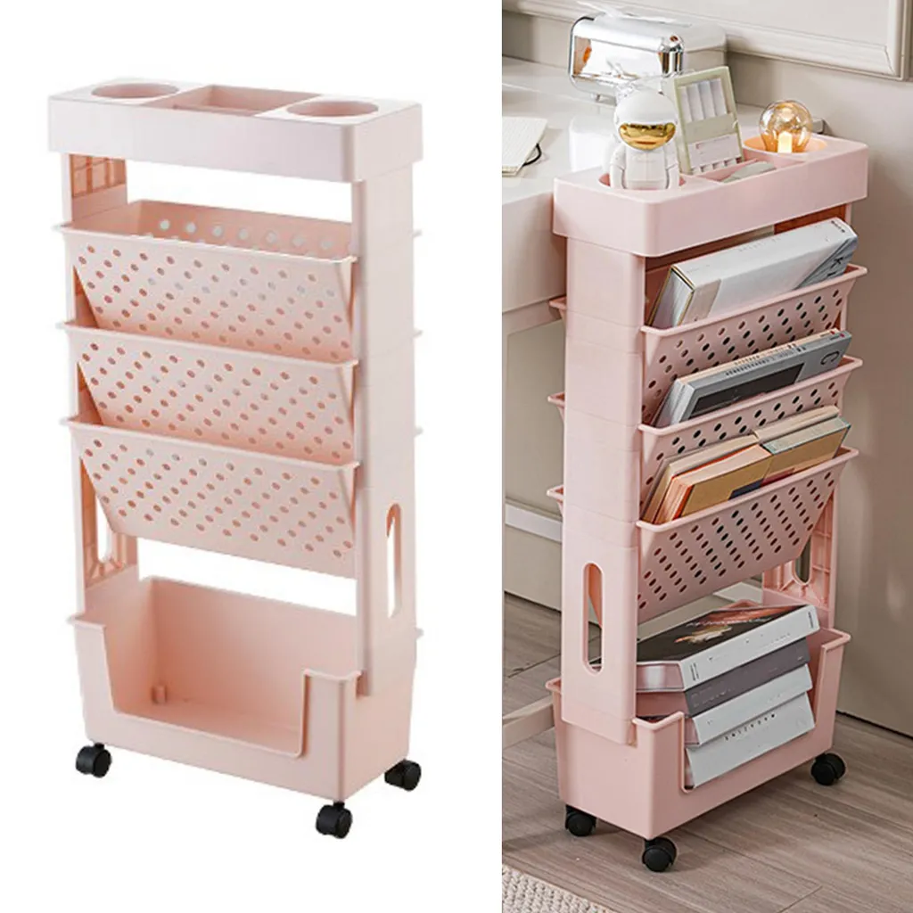 Étagère mobile rose à plusieurs niveaux avec roulettes amovibles 45cm
