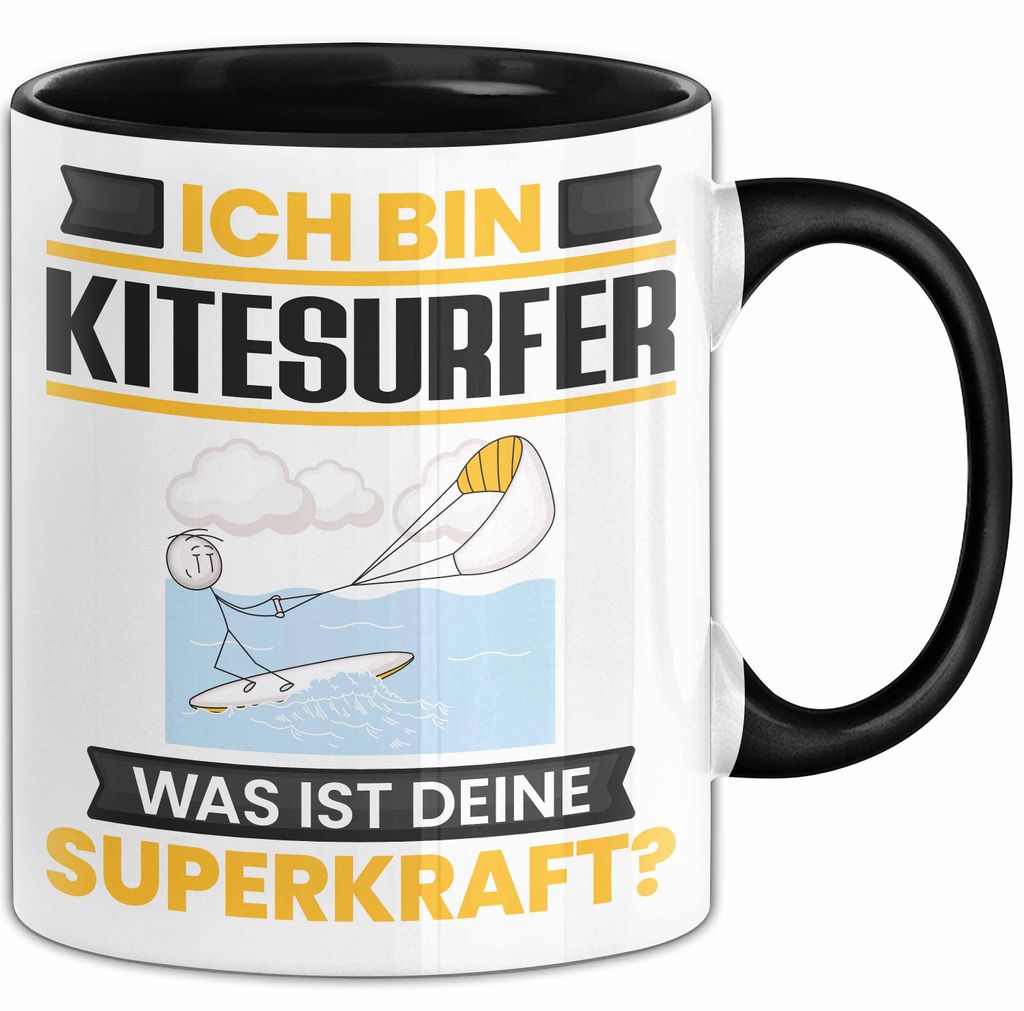 Kitesurfer Tasse Geschenk für Kitesurfer Geburtstag Lustiger Spruch Kaffee-Becher Was Ist Deine Superkraft (Schwarz)