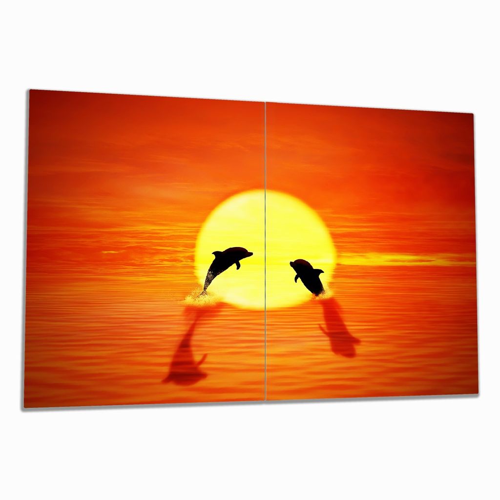 Wallario Herdabdeckplatte aus Glas, Größe 80 x 52 cm 2-teilig, Motiv Delphine im Sonnenuntergang