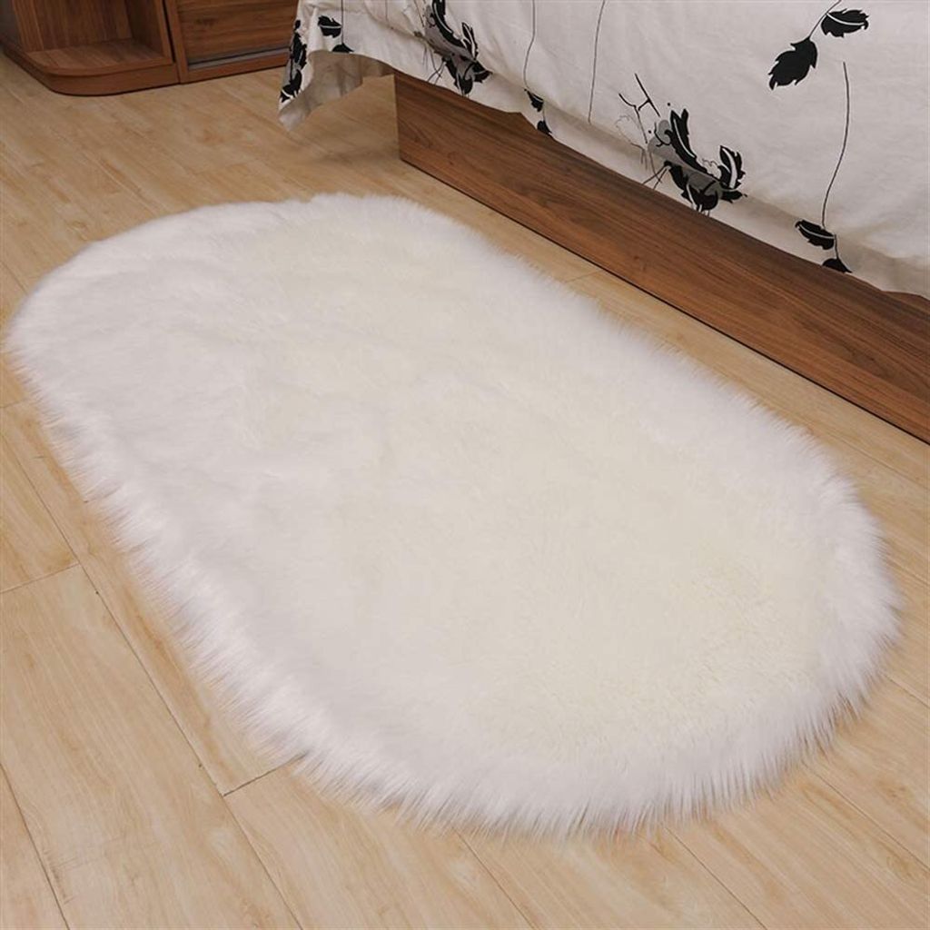 Teppiche Wohnzimmer Modern Designer Lammfellimitat Kunstfell Waschbar Teppich Oval Fellimitat Langflor Hochflor Flauschig Anti Rutsch Weiß 60x90cm