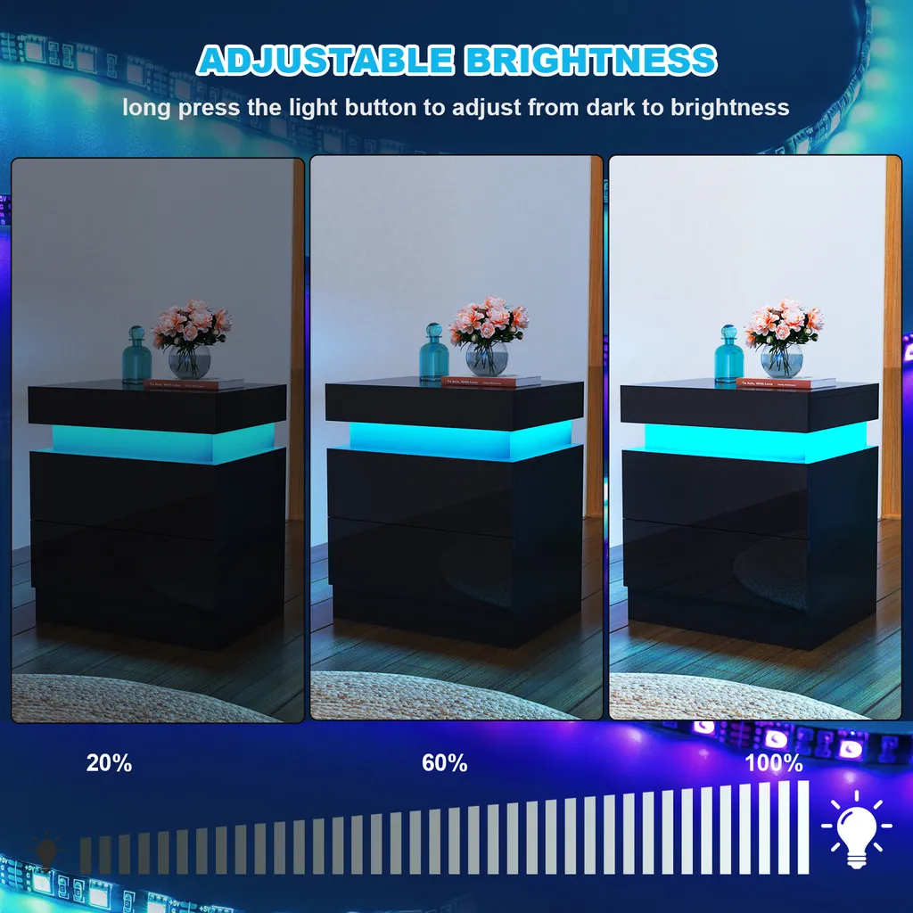 Table de chevet LED design noir avec double tiroir de rangement 52cm - 6