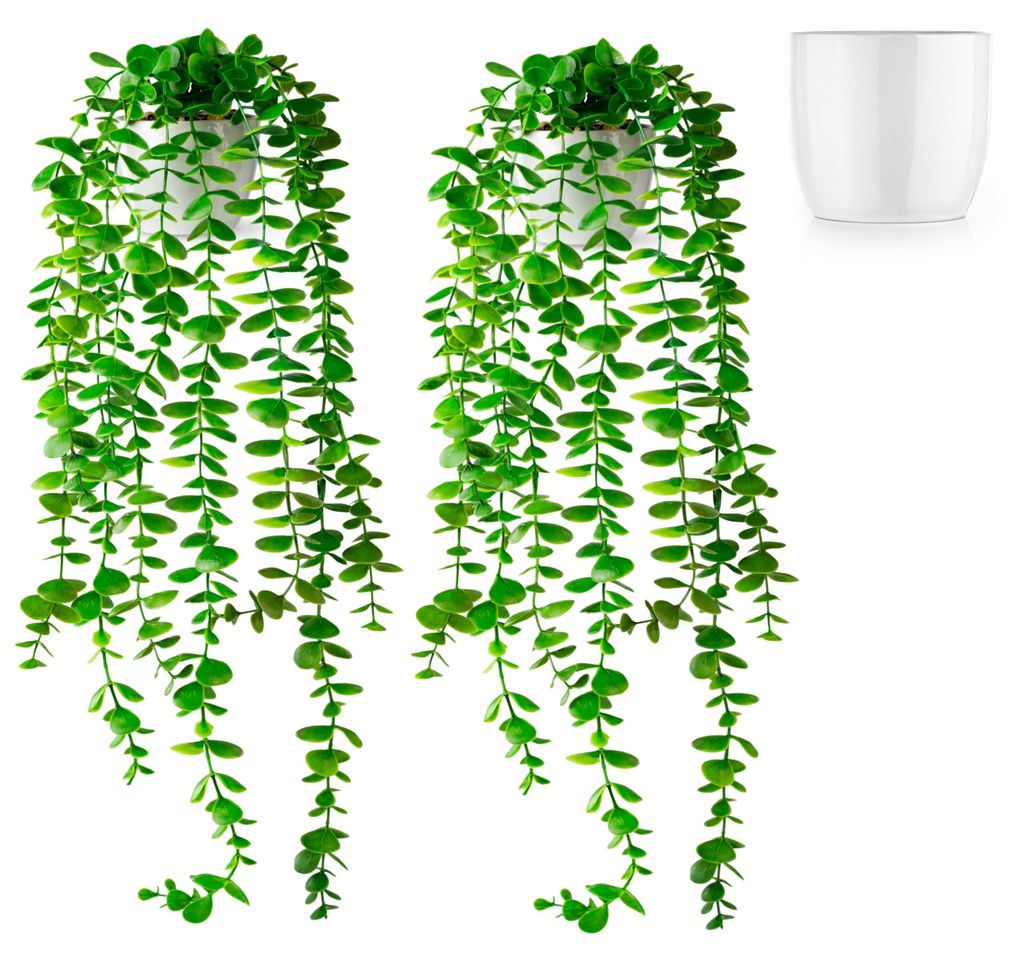 Set mit 2 künstlichen Eukalyptuspflanzen (60 cm) in weißen Keramiktöpfen: Künstliche Hängepflanzen | Realistische künstliche Pflanzen | Häng...