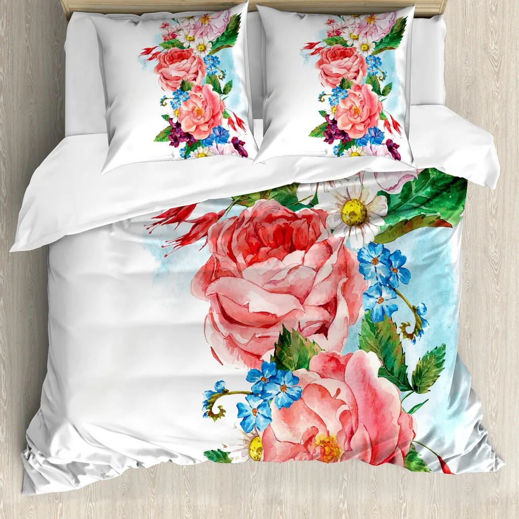 ABAKUHAUS Copripiumino con motivo floreale, rose e margherite in giardino, antiacaro e anallergico, con federe, 200 cm x 200 cm - 80 x 80 cm, multicolore