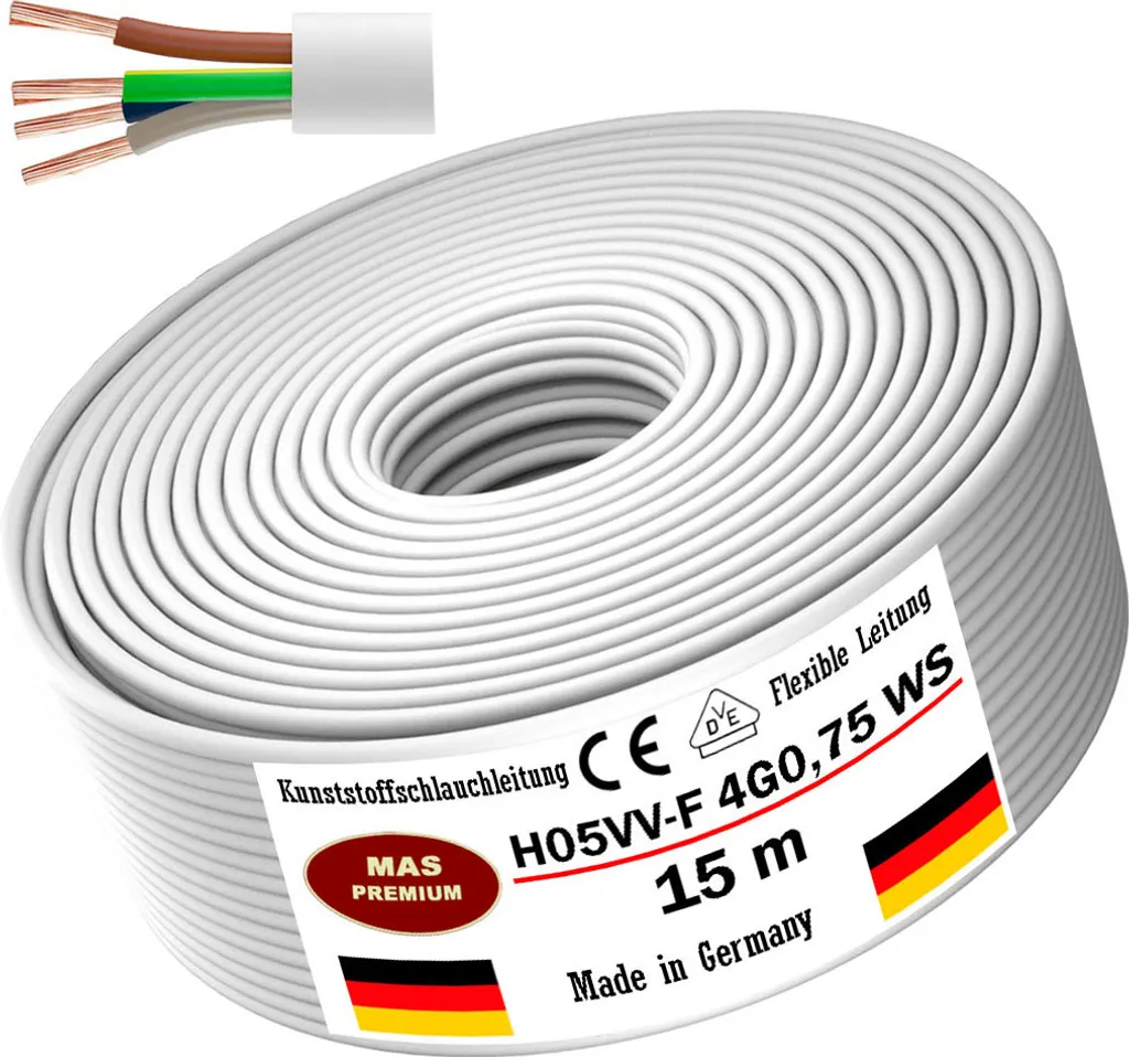 Matassa Cavo Bianco 15 Metri H05VV-F 4G0,75 | Cavo per Tubi Flessibili