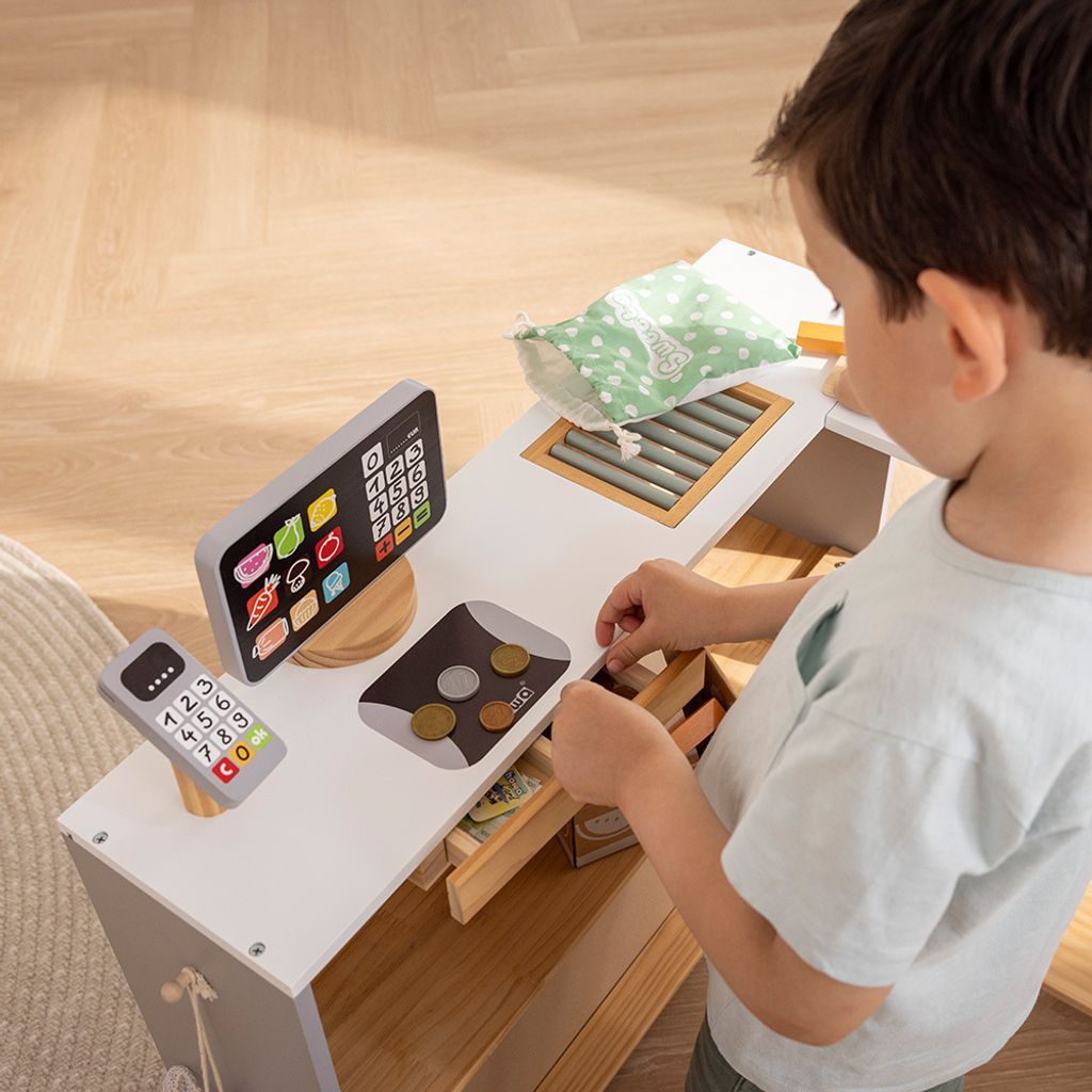 Magasin En Bois Pour Enfants HOWA – Avec Caisse Enregistreuse, Écriteau à Craie Et Accessoires – Jeu D’Imitation Marchand (Couleur Naturel/Beige)