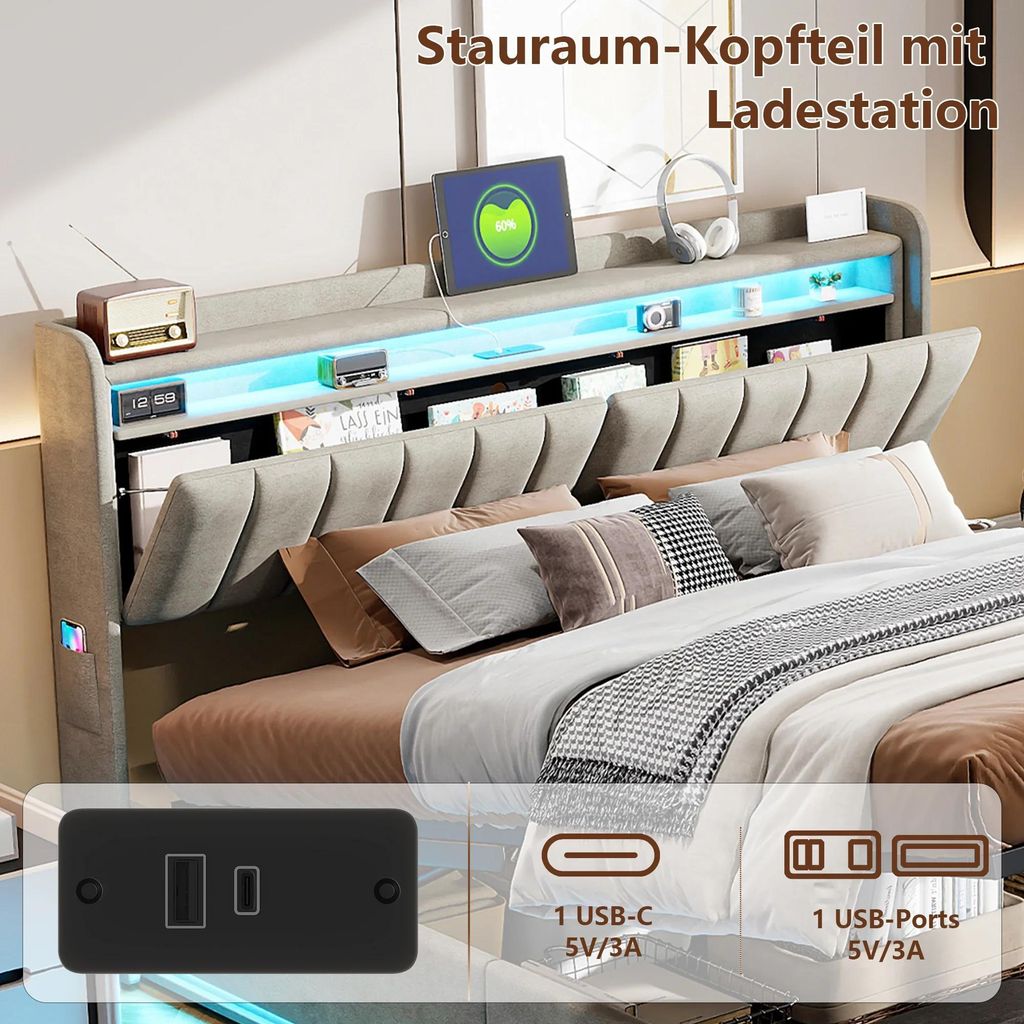 Polsterbett - Einzelbett 90x200 cm - Hydraulischer Bettkasten - Kopfteil mit Stauraum - LED-Beleuchtung & USB-Ladeanschluss - Samt - Grau