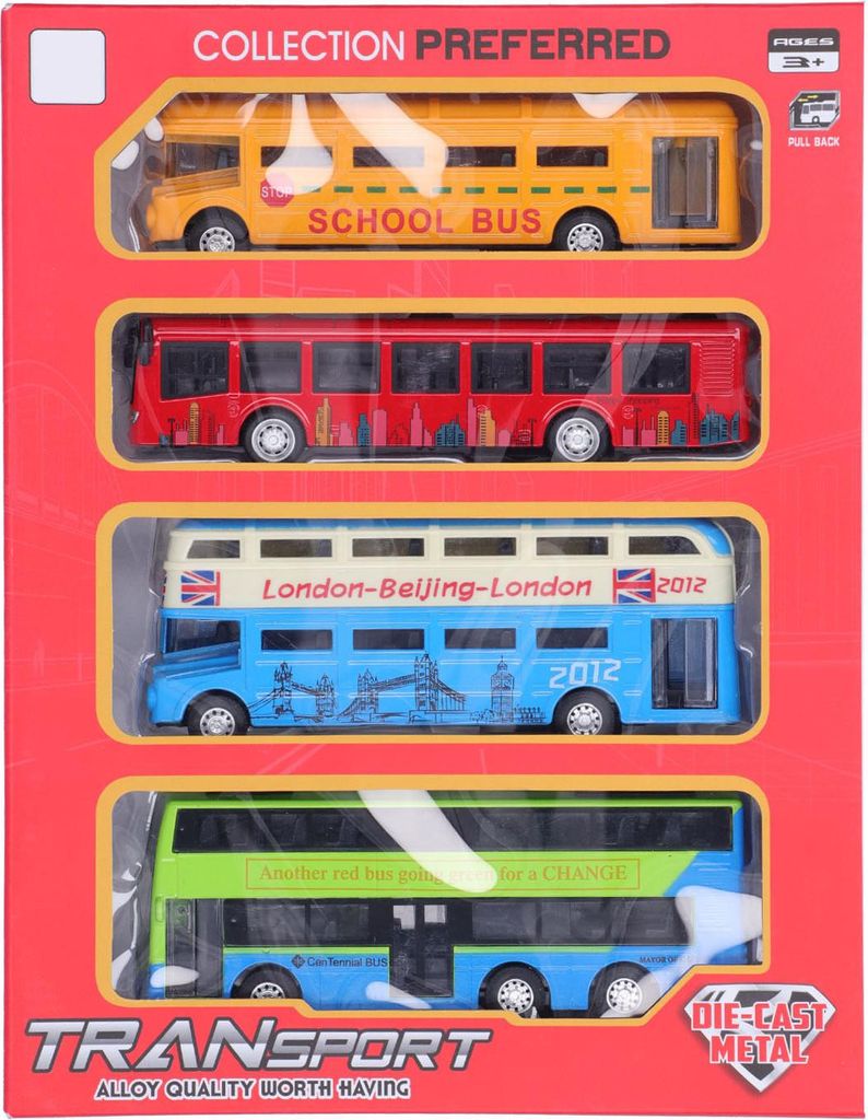 4Pcs Alloy Bus Toys Set Early Educational Pull Back Vehicle Model for Children Kids ToysC