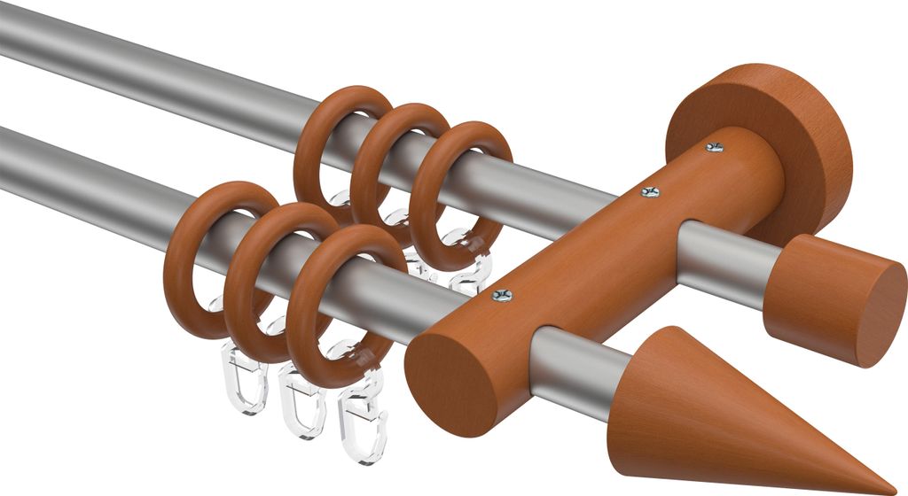 Interdeco Gardinenstange / Vorhangstange Silbergrau / Kirschbaum lackiert, Typ Adrian Holly (Kegel), 16 mm Ø 2-läufig, 280 cm