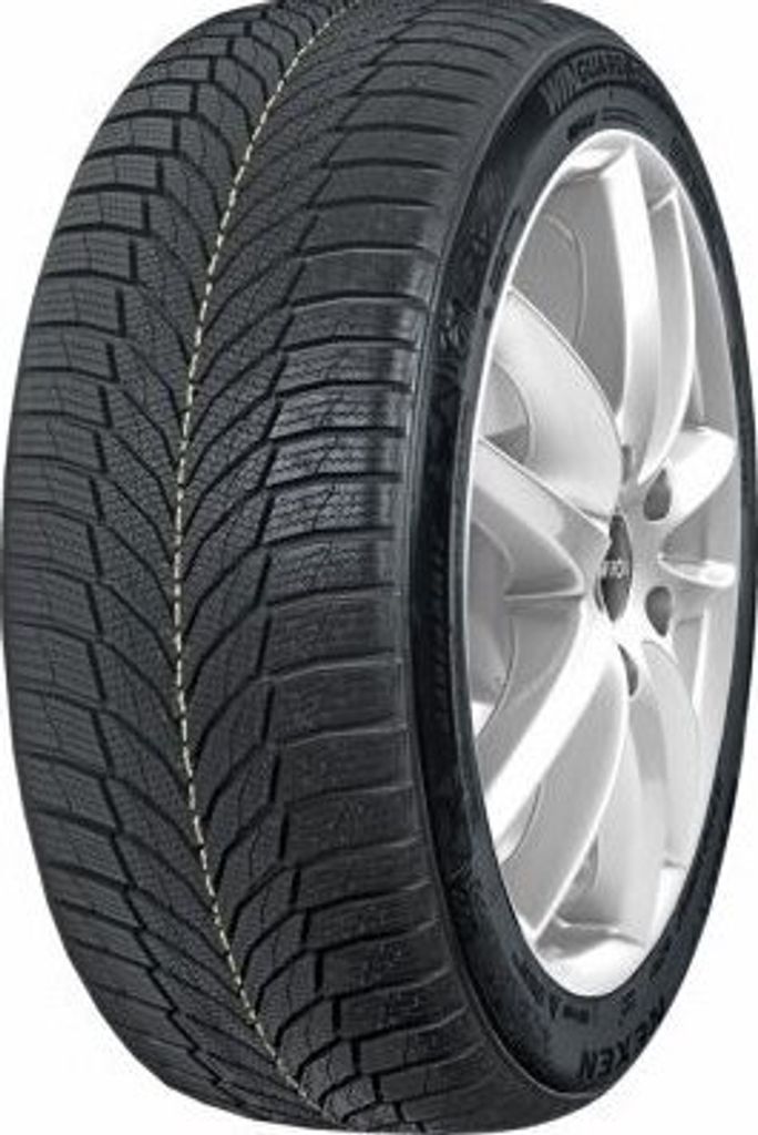 A close-up studio shot of a Nexen Winguard Sport 2 tire mounted on a silver alloy wheel.