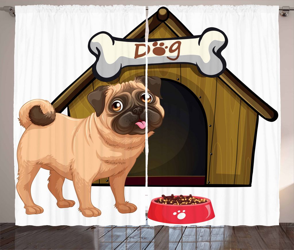 ABAKUHAUS Mops Rustikaler Vorhang, Dog House Cartoon-Stil, Wohnzimmer Universalband Gardinen mit Schlaufen und Haken, 280 x 245 cm, Pale Coffee San...