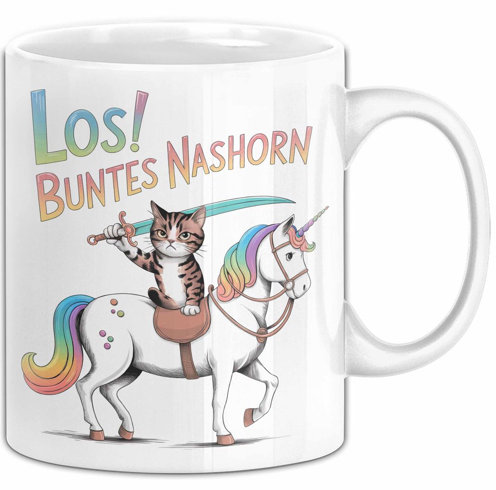 Sarkastische Katze Pferd Tasse Geschenk Buntes Nashorn (Weiß)