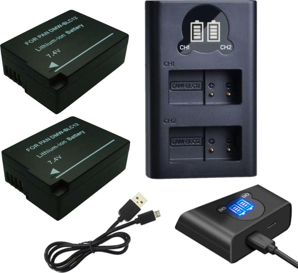 3in1 Set: 2x Akku + USB-C Doppel Akku Dual LCD Ladegerät für 2 Akkus kompatibel mit Panasonic Lumix DMC-FZ300 DMC-G7 DMC-G70H DMC-G70K DMC-G70W