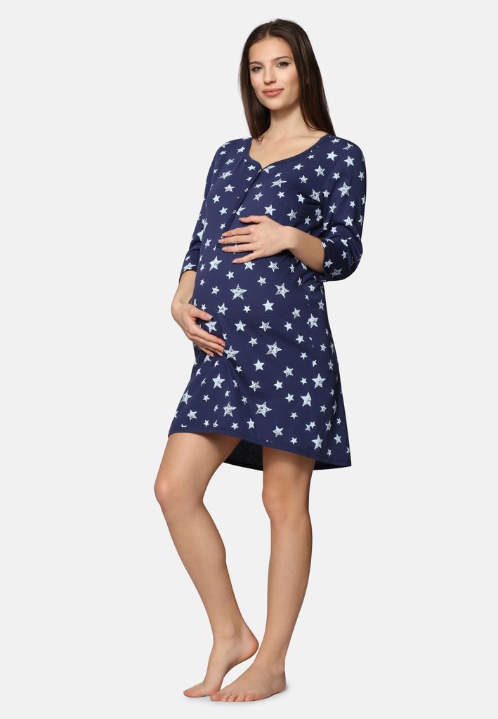 Be Mammy Damen Umstands Nachthemd mit Stillfunktion BE20-176 (NavySterneBlau, S)