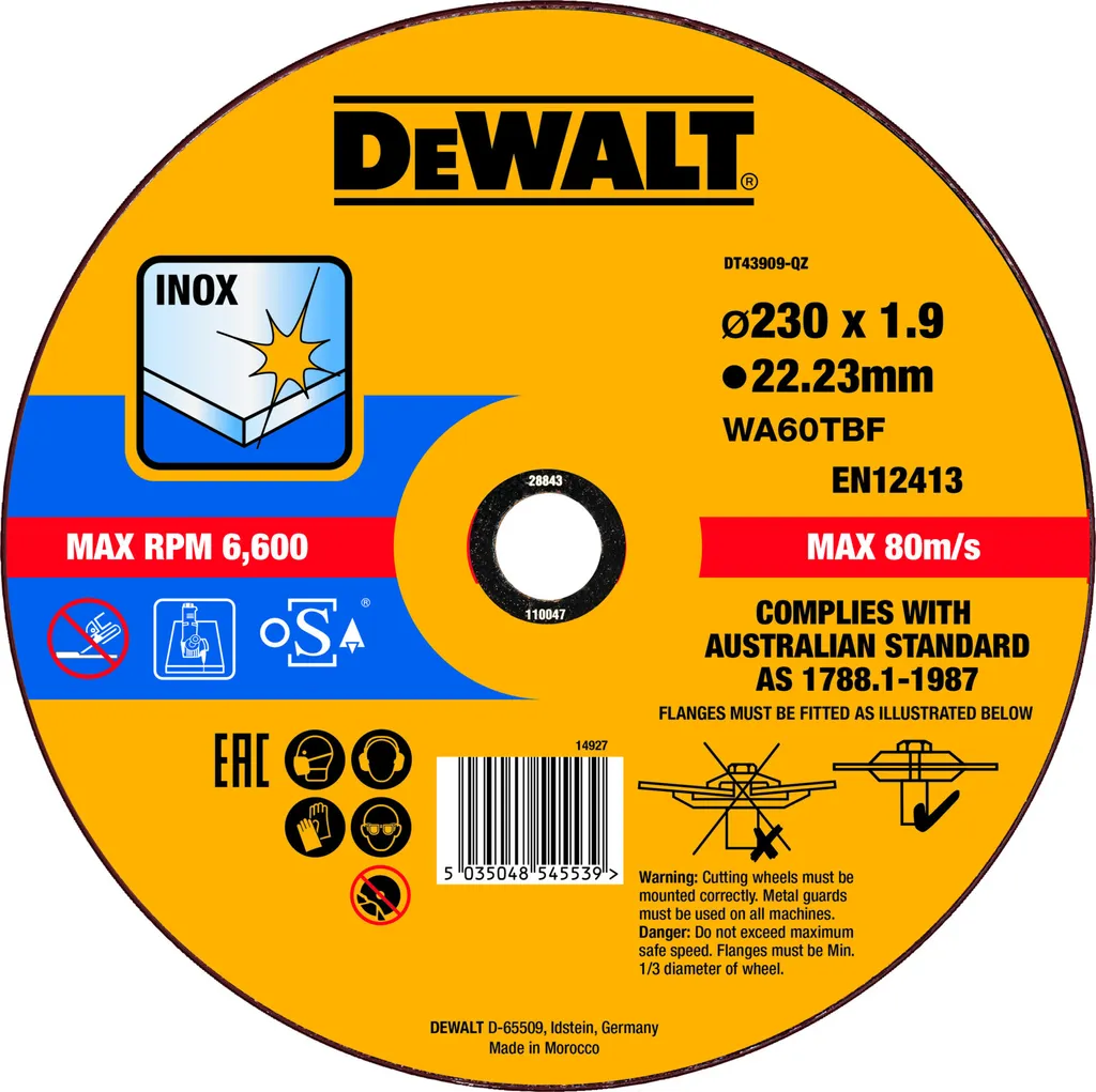 DEWALT Disco da taglio ad alte prestazioni in acciaio inox piatto 230x1,9 mm
