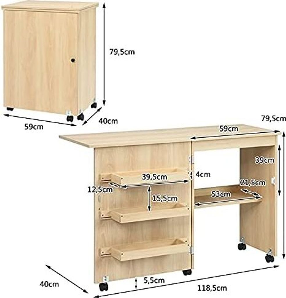 Nähtisch klappbar, Nähschrank auf Rollen, Nähmaschinentisch Produktbild 7