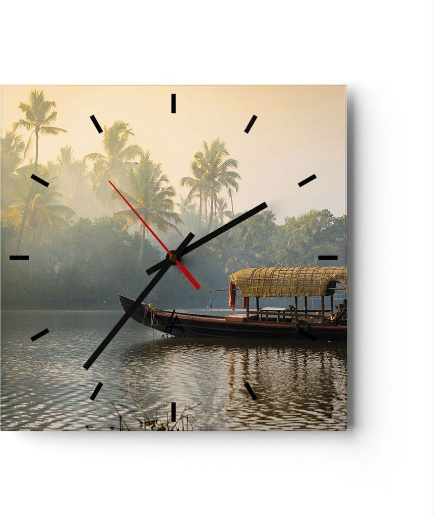 Wanduhr - Quadrat - Glasuhr - Indien Boot Fluss - 30x30cm - Schleichendes Uhrwerk - Lautlos - zum Aufhängen bereit - Dekoration Modern - Wanddekor...