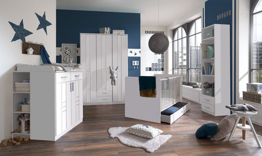 Babyzimmer-Komplettset "Borkum" in WEISS mit 4 Einlegeböden.