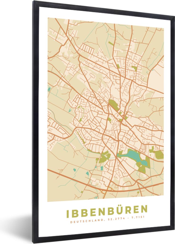 MuchoWow Gerahmtes Poster Ibbenbüren - Stadtplan - Vintage - Karte 60x90 cm - Poster mit Schwarzem Bilderrahmen Wandposter Rahmen Foto Bilder - ...