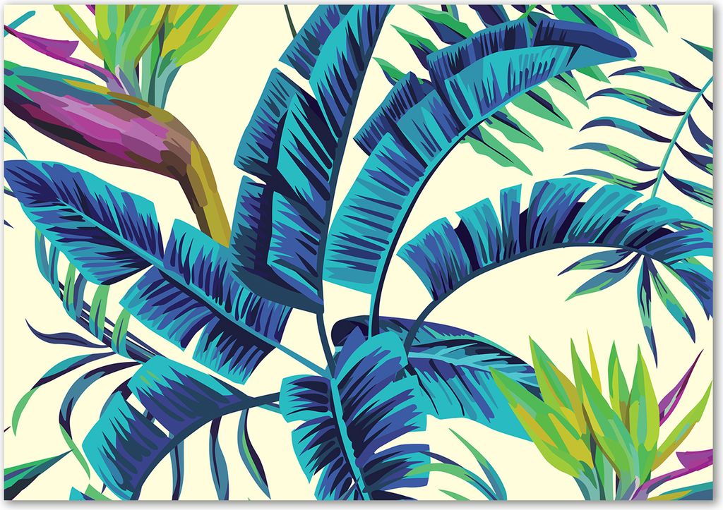 Tulup Leinwandbild - 100x70 cm - Wandkunst - Drucke auf Leinwand - Leinwanddruck - Blumen & Pflanzen - Blau - Tropische Blätter