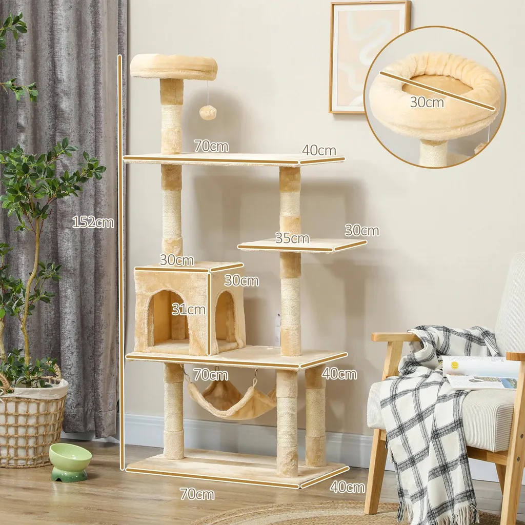 Arbre à chat en bois E1 et peluche beige - Tour 152 cm avec grotte & hamac - 3