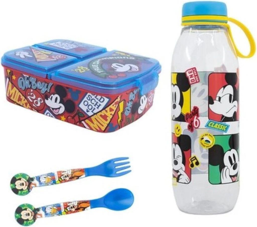 Disney Mickey Maus 4 tlg Lunch Set Brotdose Trinkflasche Löffel Gabel