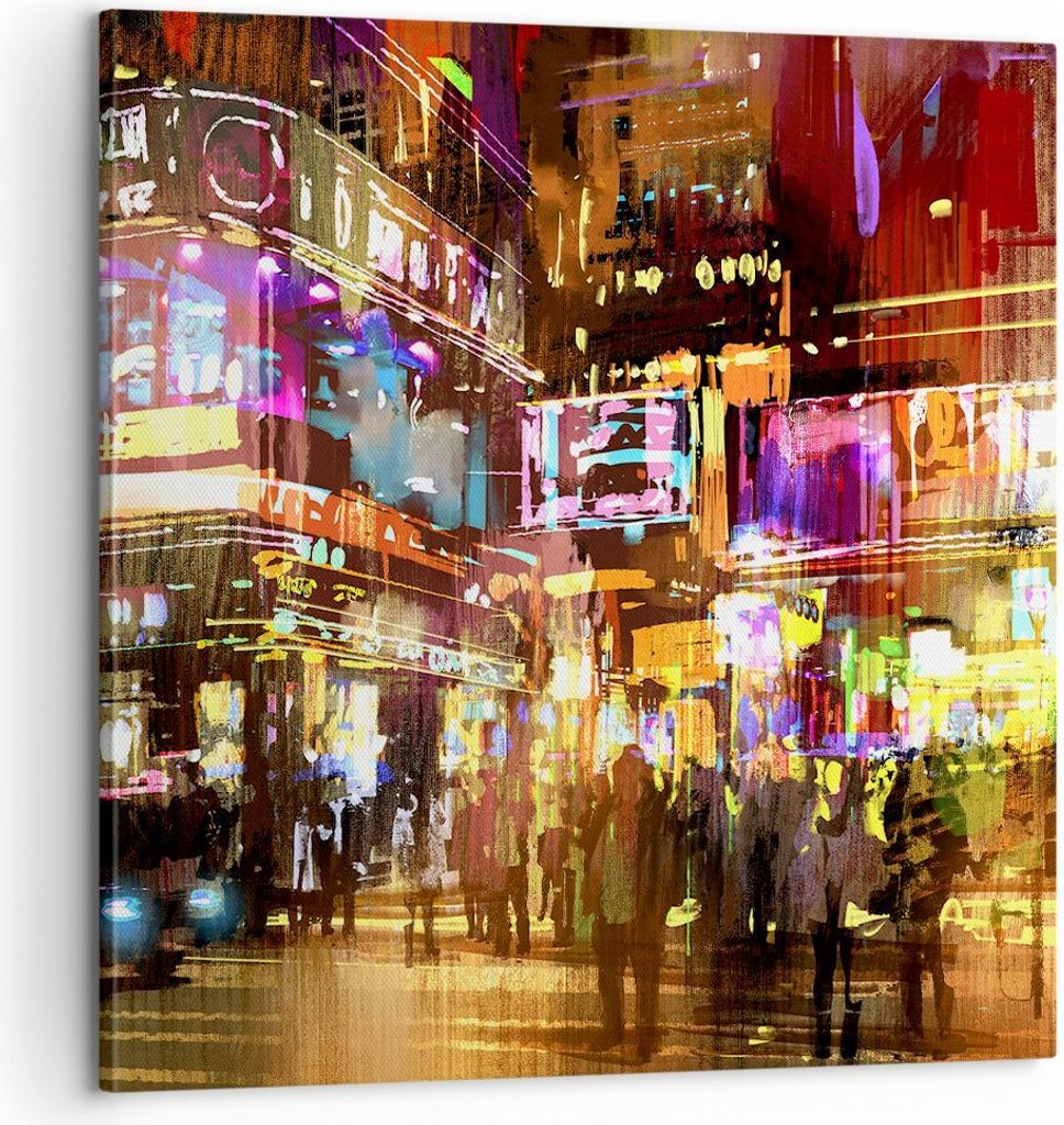 Bild auf Leinwand - Leinwandbild - Street Lichter Nacht Illustration - 60x60cm - Wand Bild - Wanddeko - Leinwanddruck - Bilder - Kunstdruck - Leinw...