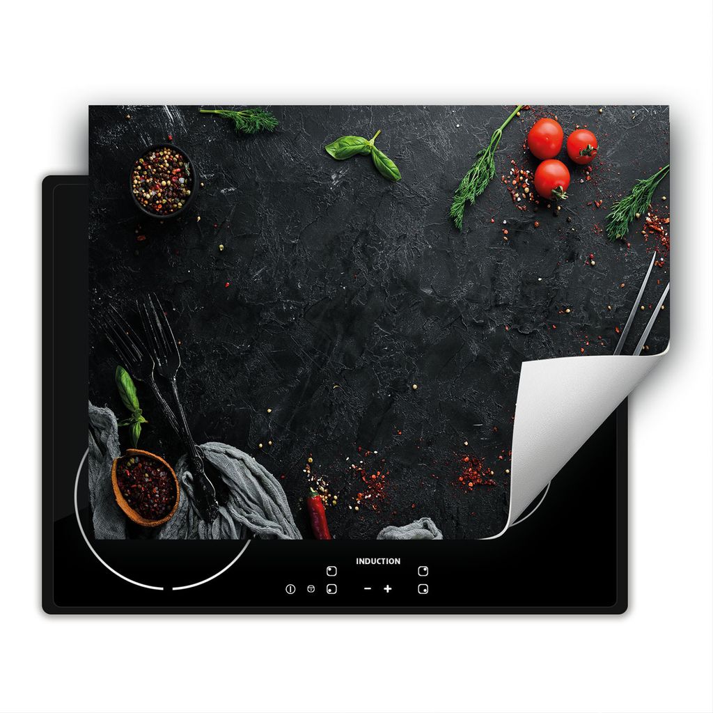 DarHaus Herdabdeckplatte 80x52 cm Anti Rutsch Matte Aufrollbar, schiefer - Gewürze - Chilli