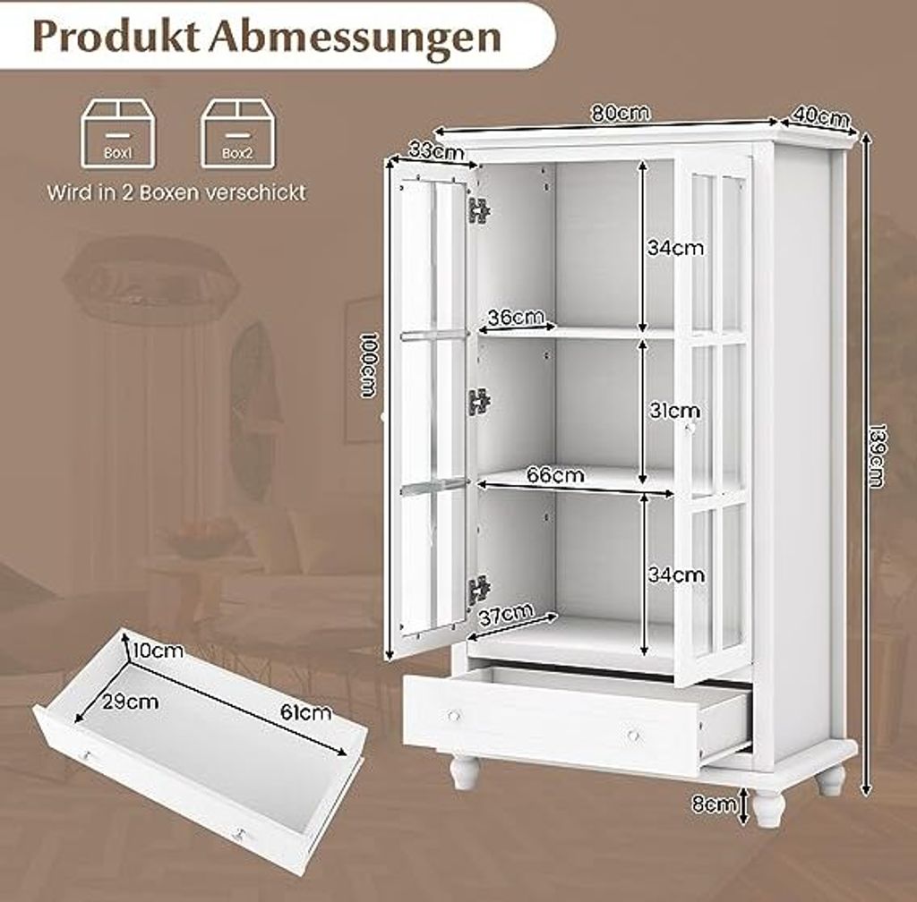 COSTWAY Bücherschrank, Vitrinenschrank mit Türen aus Produktbild 7
