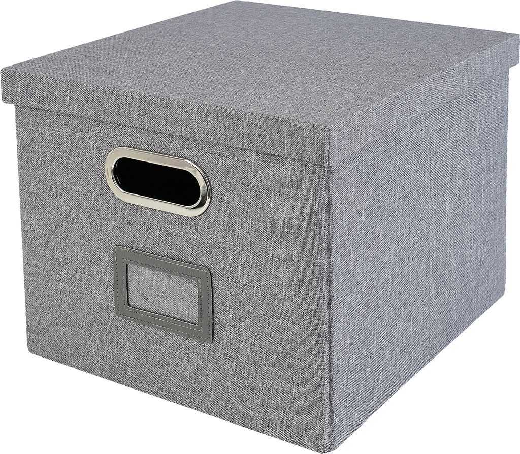A gray fabric storage box with a lid, featuring a silver handle and a label holder on the front.
