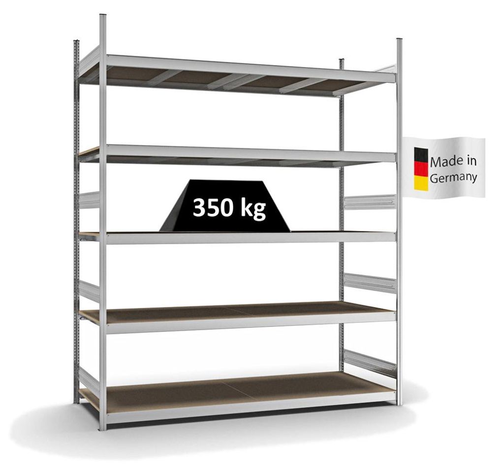 PROREGAL Weitspannregal Stecksystem MAGNUS Germany | HxBxT 300x250x80cm | 5 Ebenen | Spanplatten-Fachboden | Fachlast 350kg | Verzinkt
