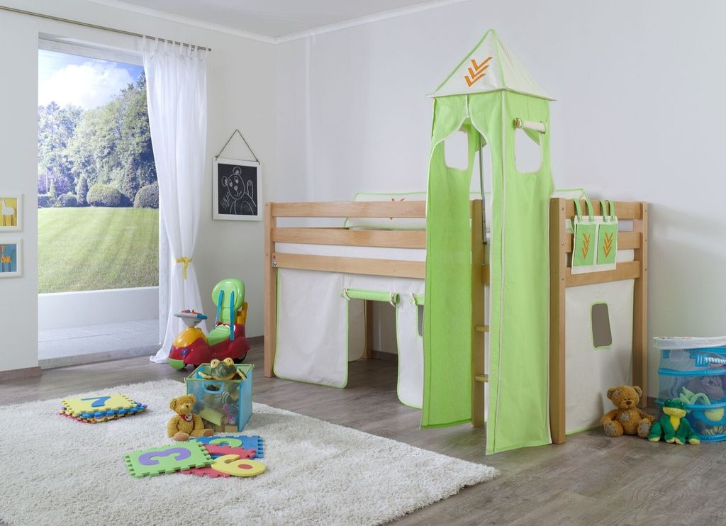 Halbhohes Einzelbett Alex Buche massiv 90x200 cm Natur lackiert mit Stoff-Set
