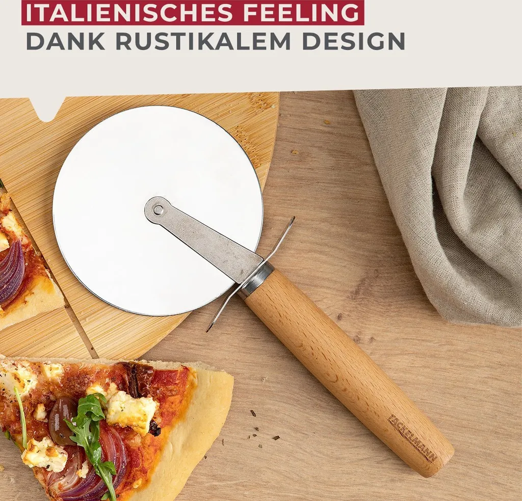 Tagliapizza, Taglia Pizza Acciaio Inox Professionale Tagliapizza a Mezzaluna con Doppio Manico in Legno Rotella Tagliapizza Pizza Coltelli da Pizza per Tagliare Pane, Verdure, Cioccolato
