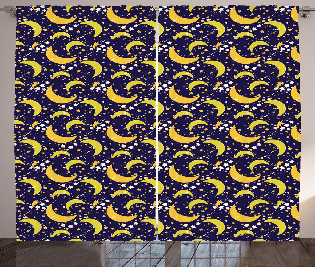 Rideau Céleste Motif Lune et Étoile Indigo Moutarde 280x225cm à Galon Pur