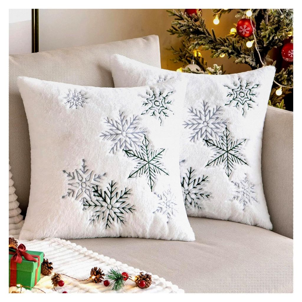 2er Set Weihnachtskissen Kissenbezüge Schnee Dekokissen Fellkissen 45x45cm, Dunkelgrün