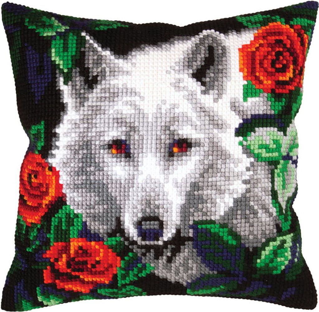 CDA Kreuzstichkissen Set "Weißer Wolf", bedruckt, 40x40cm