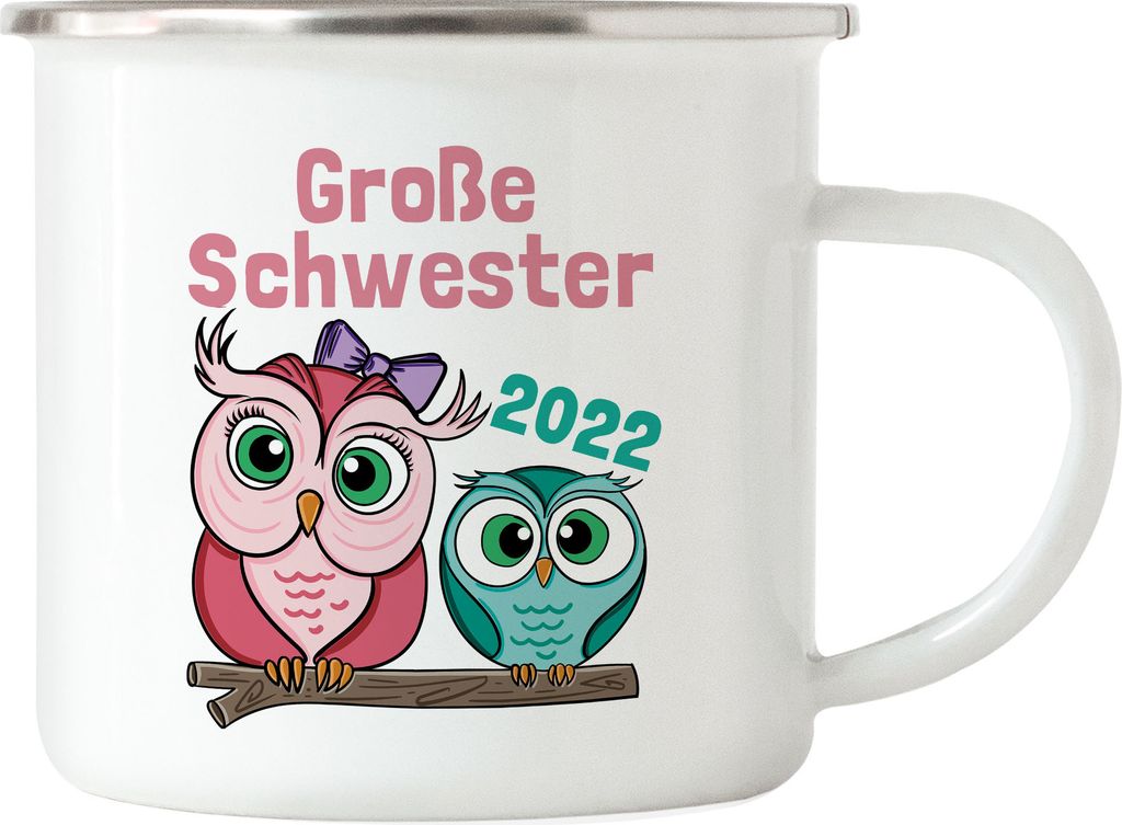 Große Schwester 2022 Emaille Tasse Süßes Motiv Eulen Nachwuchs Schwangerschaft Geschenkidee Baby-News