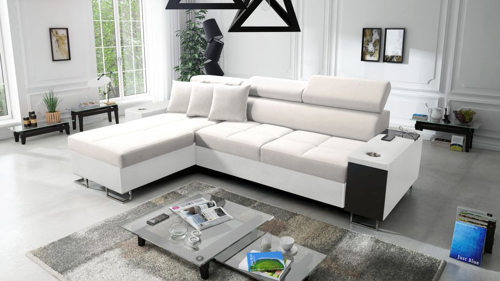 Kaiser Möbel Bequemes Ecksofa mit Schlaffunktion MORENA I MINI Kunstleder/Uttario Velvet Weiß/Ecru Links