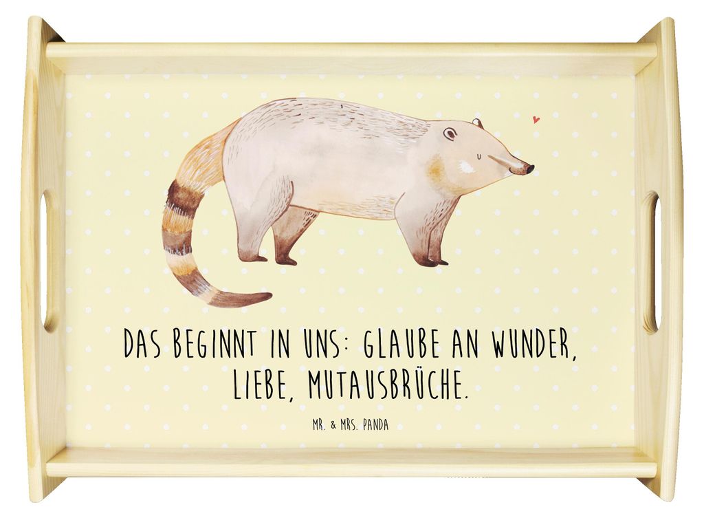 Mr. & Mrs. Panda Deko Tablett Nasenbaer - Gelb Pastell - Geschenk, Rüsselbär, Snack, Bär, sofatablett, Kaffee, zum servieren, Nasenbär, Servier...