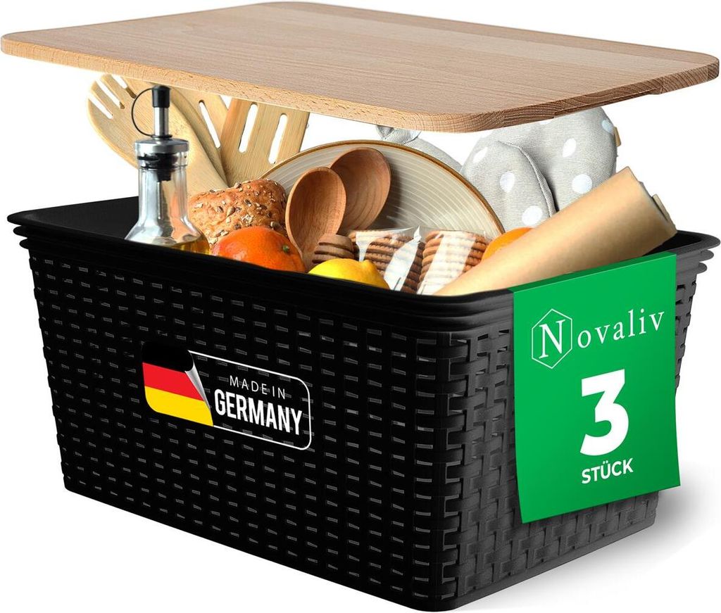 Novaliv 3er Set Aufbewahrungsbox mit Holzdeckel Küche 14L Schwarz Kunststoff Rattan-Optik Küche Aufbewahrung & Organisation BPA-Freie Schrank Org...