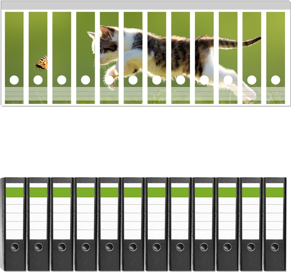 Wallario 12 Stück breite Ordner inkl. Klebeetiketten mit Motive Süße Katze fängt Schmetterling im Grünen - Set mit Rückenschildern / Ordnerr...