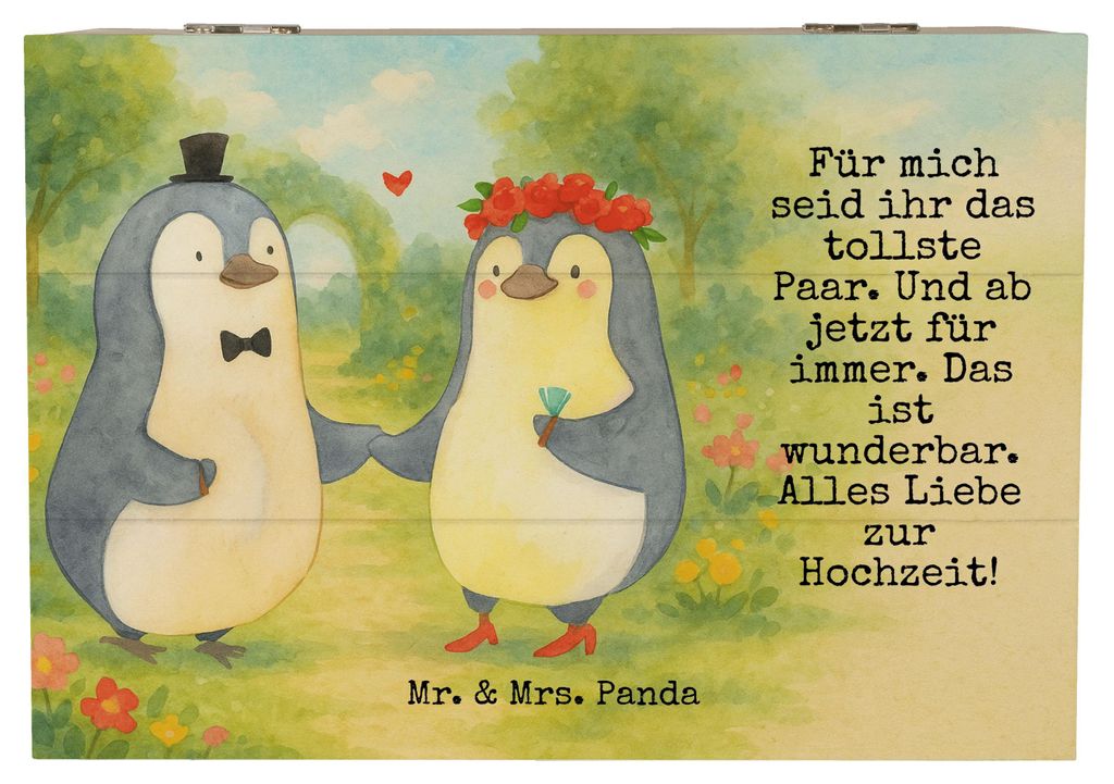 Mr. & Mrs. Panda truhe holz Hochzeit Pinguin Design 22 x 15 cm - Weiß - Geschenk, Schatzkiste, Schatulle, Hochzeitskarte, Holzkiste, fotokiste, Pi...